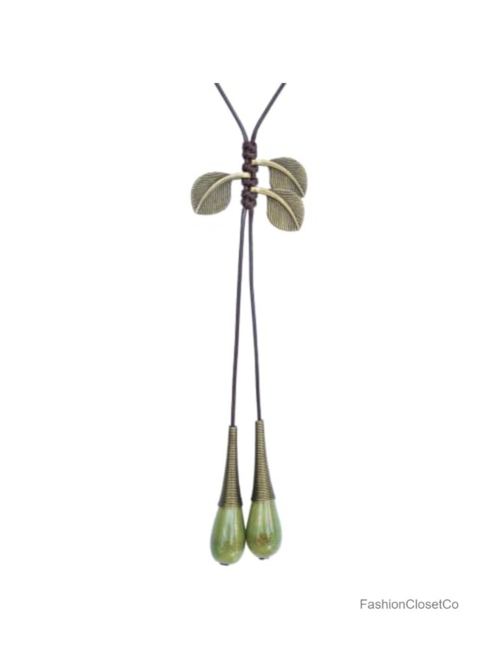 Boho Ceramic Teardrop Y-Necklace Leaf Charm Wax Cord Women Handmade